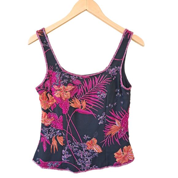 ANDRETTA DONATELLO Silk Beaded Tropical Floral Sleeveless Top Small Black Pink - Picture 8 of 9